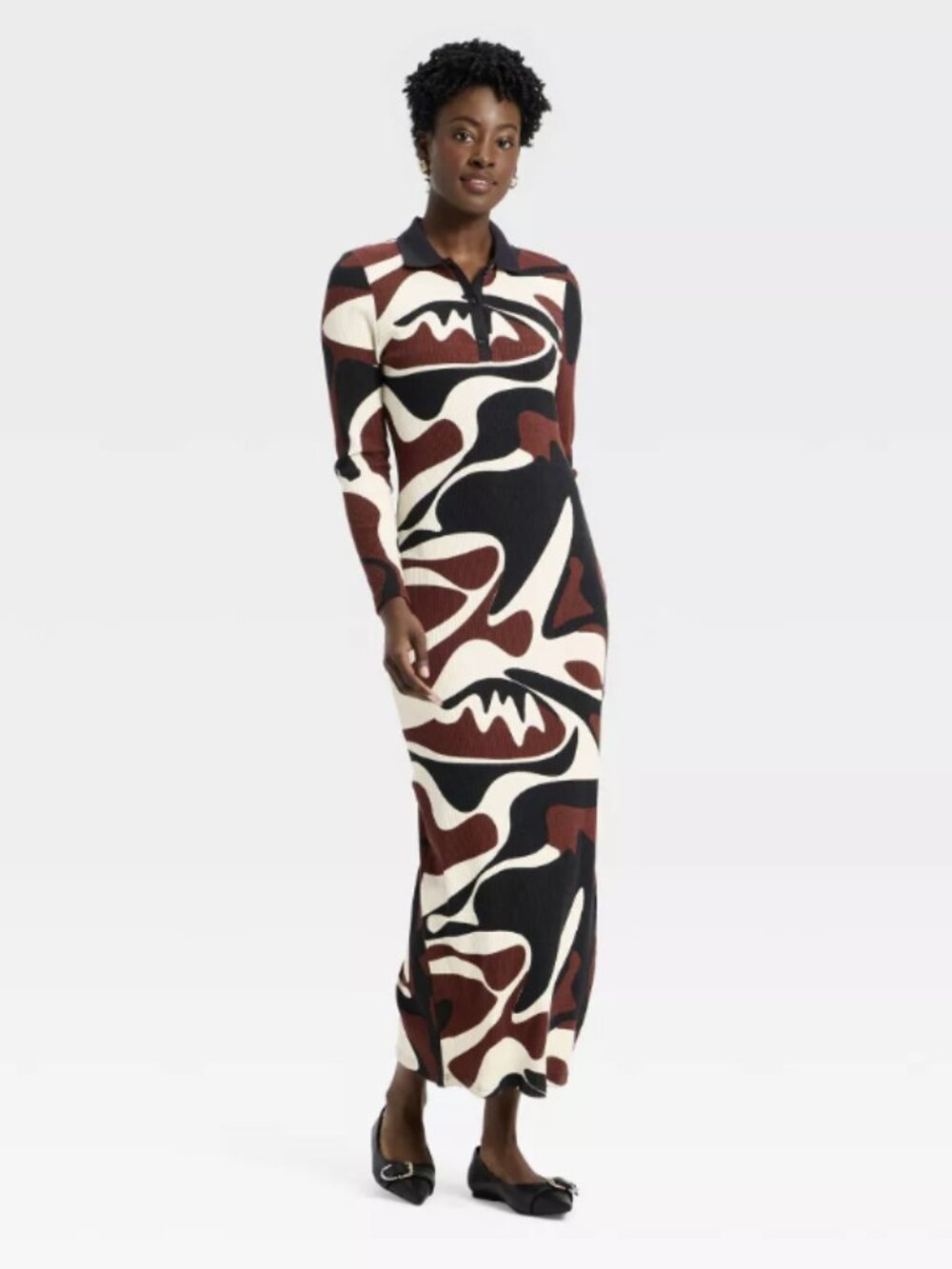 Monica Ahanonu Long-Sleeve Brown/Black Abstract Graphic Maxi Dress (XXL)